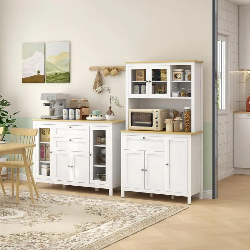 Oak-and-White Coffee Bar Sideboard — Glass-Door Cabinet with 2 Drawers, 3 Compartments & Adjustable Shelving
