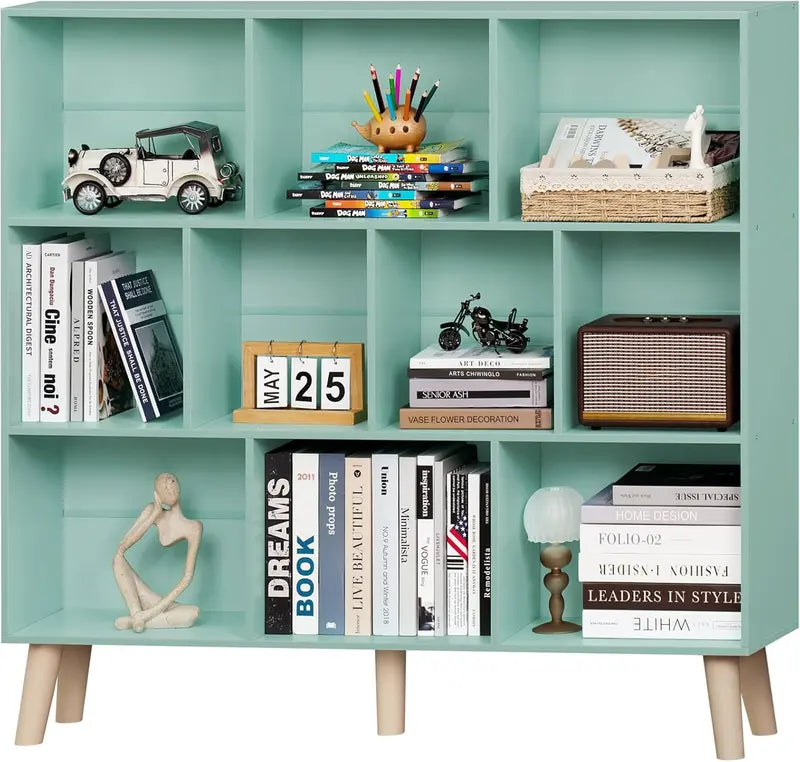 LEYAOYAO Natural Wood 7-Cube Bookshelf  Modern Open-Back Storage Unit with Solid Legs