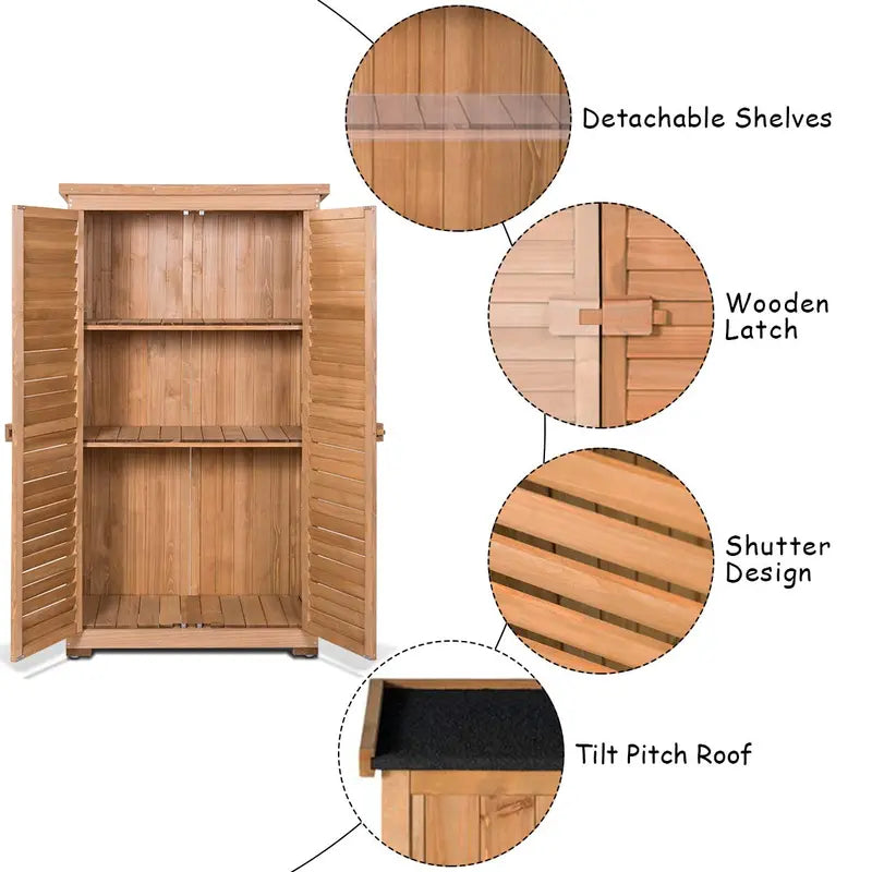 Wooden Outdoor Storage Shed  Rustic Fir Wood Garden Locker with Lockable Shutter Design