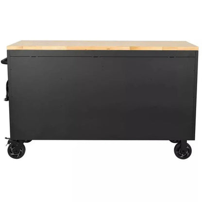 Heavy-Duty 61″ Mobile Workbench  15-Drawer Steel Cabinet with Solid Wood Work Surface