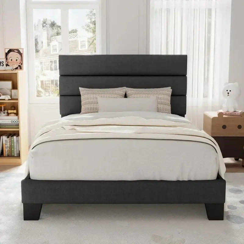 Allewie King Platform Bed Frame  Velvet-Upholstered Headboard with Solid Wood Slats