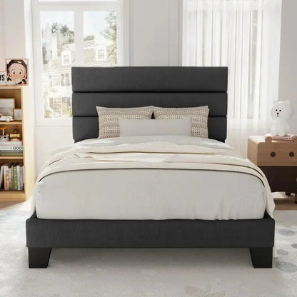 Allewie King Platform Bed Frame  Velvet-Upholstered Headboard with Solid Wood Slats