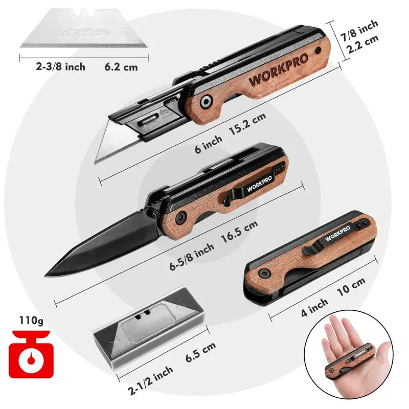 WORKPRO Folding 2-in-1 Utility Knife with 10 Extra SK5 Replacement Blades