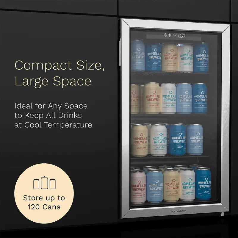 hOmeLabs Beverage Refrigerator and Cooler   120 Can Mini Fridge with Glass Door for Soda Beer or Wine