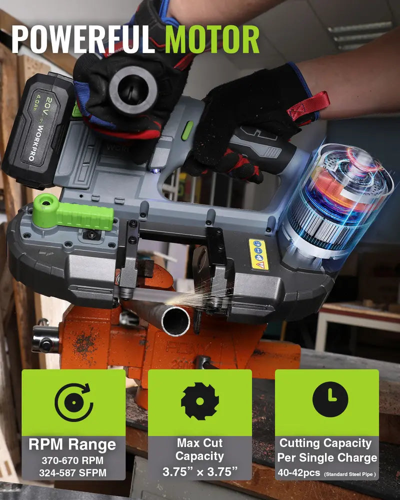 WORKPRO 20V Cordless Band Saw for Metal Cutting — 3.75″ Capacity, 6-Speed Variable Control