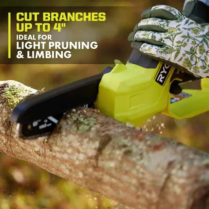 RYOBI ONE+ 18V 6″ Cordless Pruning Chainsaw Tool Only  Compact, Tool-less Tensioning, Oil-Free, 3-Year Warranty