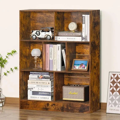 LEYAOYAO Natural Wood 7-Cube Bookshelf  Modern Open-Back Storage Unit with Solid Legs