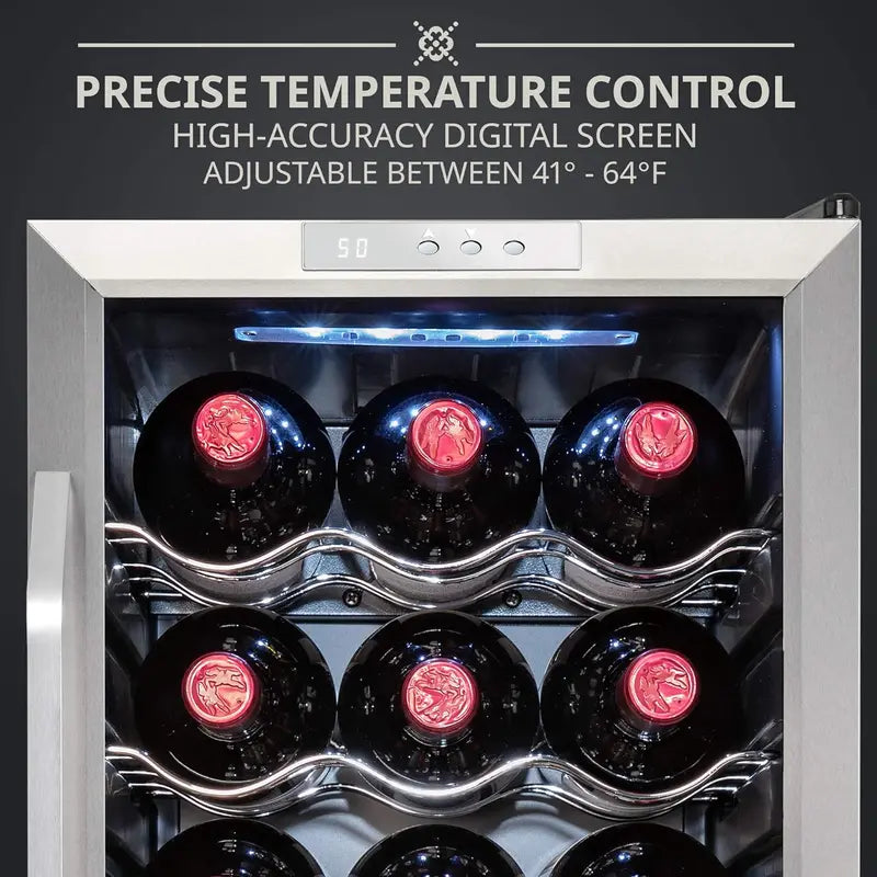 18-Bottle Freestanding Wine Cooler with Lockable Glass Door — Adjustable Digital Thermostat (41°F64°F) for Red, White, and Sparkling Wines