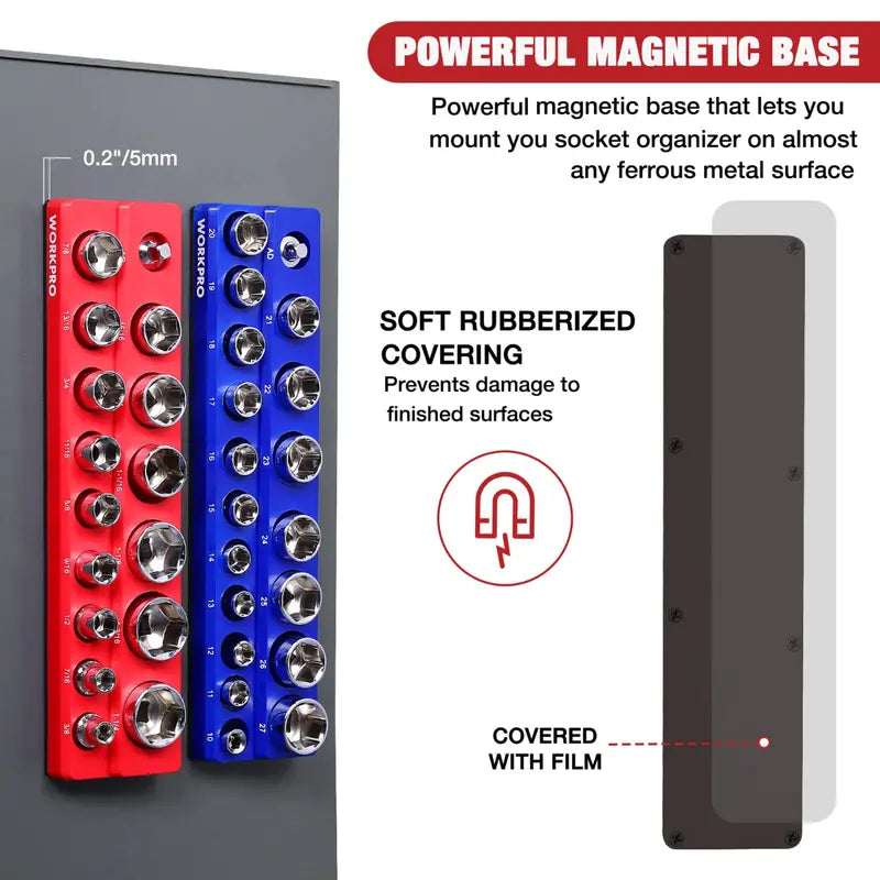 WORKPRO Magnetic Socket Organizer Set: 1/4″, 3/8″, and 1/2″ Drive Sizes
