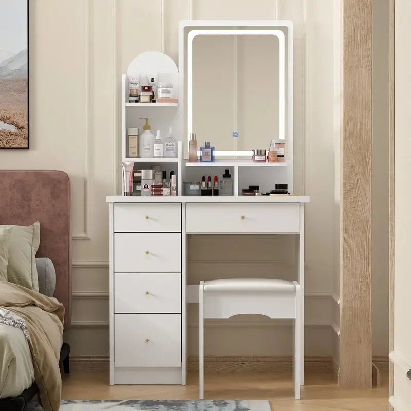 LED-Lit Makeup Vanity Desk Set  Includes Mirror, Adjustable Lighting, and Matching Stool