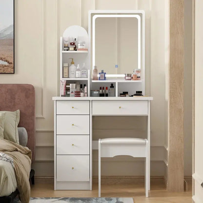 LED-Lit Makeup Vanity Desk Set  Includes Mirror, Adjustable Lighting, and Matching Stool