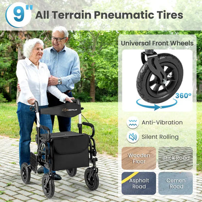Convertible Rollator Walker and Transport Wheelchair  Foldable Dual-Function Mobility Aid with Locking Brakes