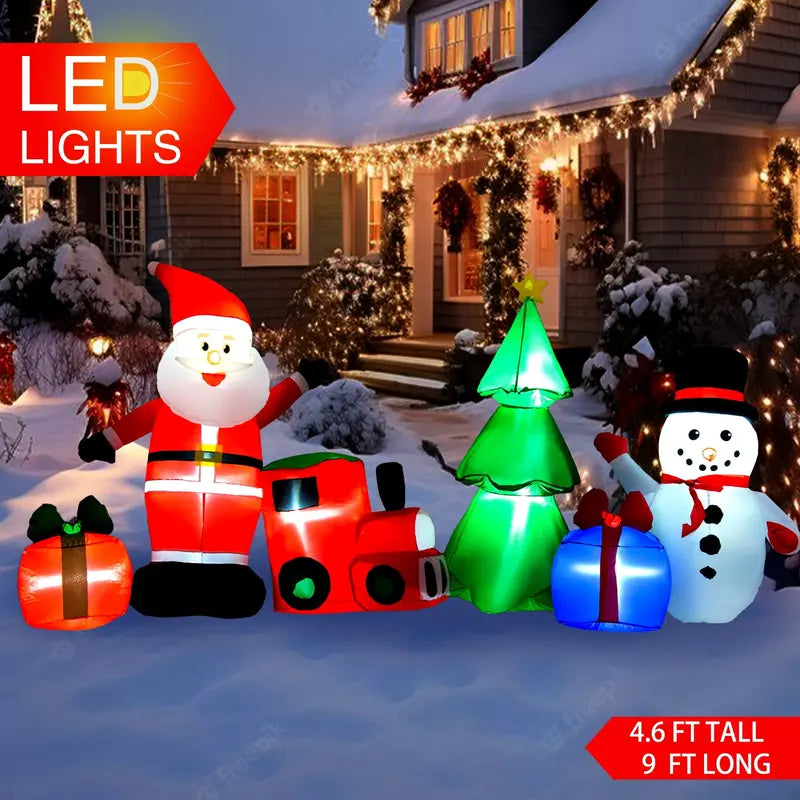 Yexmas 9FT Inflatable Christmas Set with LED Lights  Santa, Snowman, Train, Gifts & Tree for Indoor/Outdoor Decor