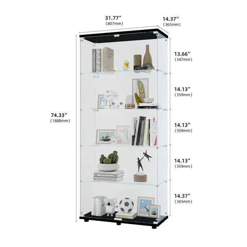 Double-Door Glass Display Cabinet  Five-Tier Shelving Unit with Tempered Glass Doors