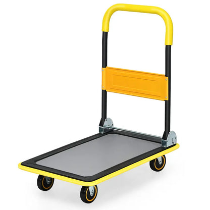 Lightweight Folding Flatbed Cart  330 LB Capacity Yellow Platform Dolly with Push Handle