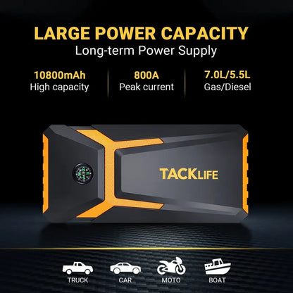 TACKLIFE T8 800A Car Jump Starter  18000mAh, Supports Gas (7.0L) & Diesel (5.5L), Quick-Charge & Safety Protection