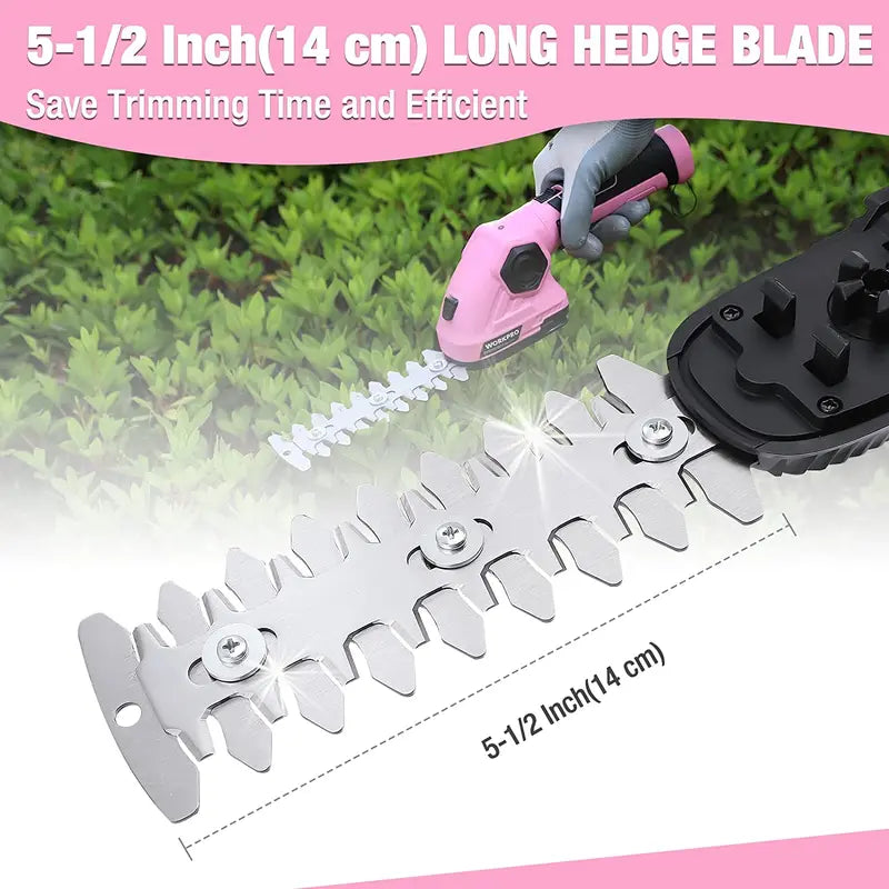 WORKPRO 7.2V Cordless 2-in-1 Hedge & Grass Trimmer  Handheld Electric Trim Tool with Pink Ribbon Design