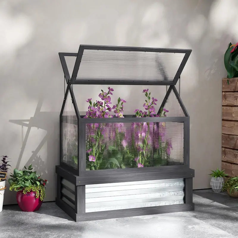 Wooden Raised Garden Bed with Polycarbonate Peak-Roof Greenhouse — 35.5″ x 22.5″ x 38.25″, Gray
