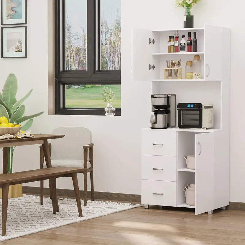 White Freestanding Kitchen Pantry with Open Countertop, Three Drawers, and Adjustable Interior Shelf—Functional Microwave and Storage Solution