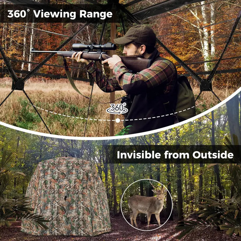 Camouflage Hunting Blind Tent  One-Way Visibility & 360° Panoramic Viewing