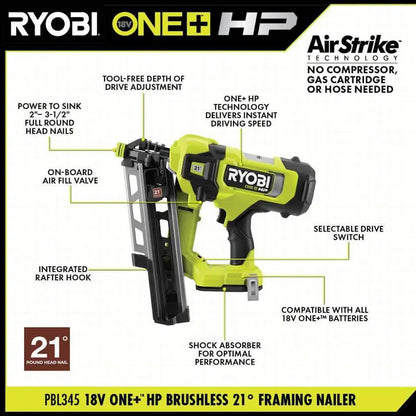 RYOBI ONE+ HP 18V Brushless Cordless AirStrike 21▲ Framing Nailer (Tool Only) PBL345B