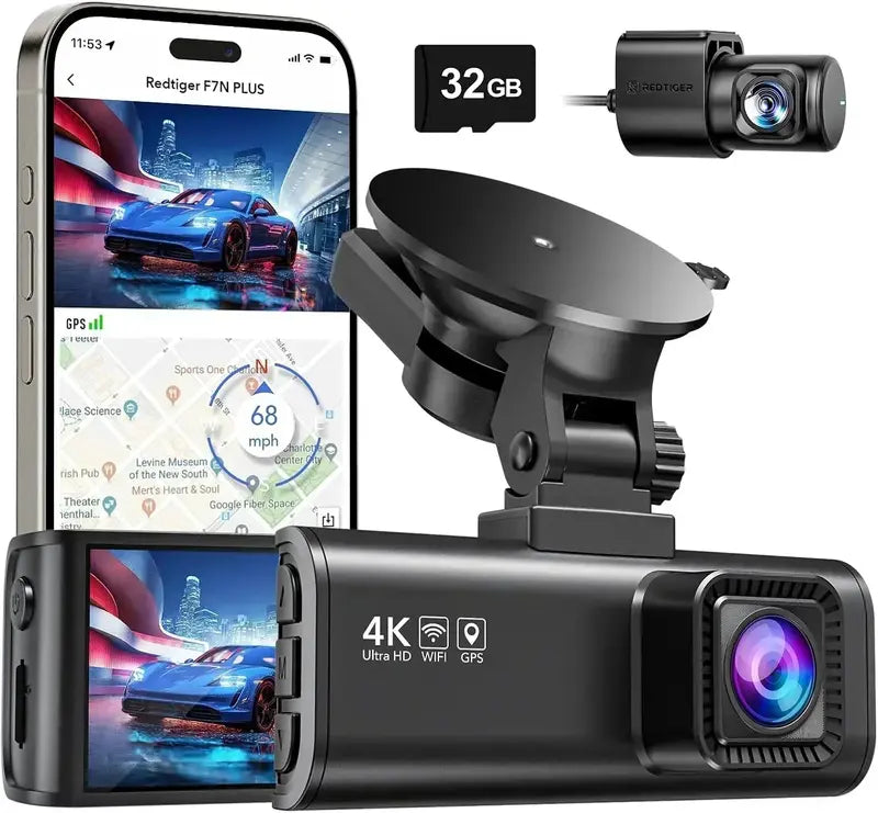 4K Front + 2.5K Rear Dual Dash Cam with Wi-Fi, GPS, and Preloaded 32GB Memory Card