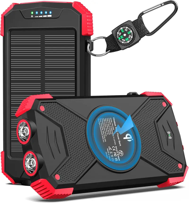Compact 10000mAh Solar Power Bank with 20W Wireless Charging Support