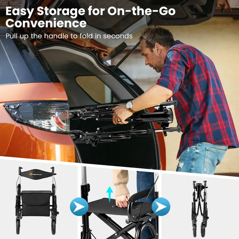 Convertible Rollator Walker and Transport Wheelchair  Foldable Dual-Function Mobility Aid with Locking Brakes