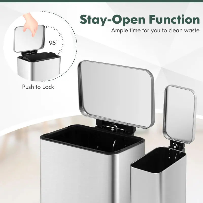 Dual-Size Step-Activated Stainless Steel Trash Can Set (10.6 Gal + 1.6 Gal)