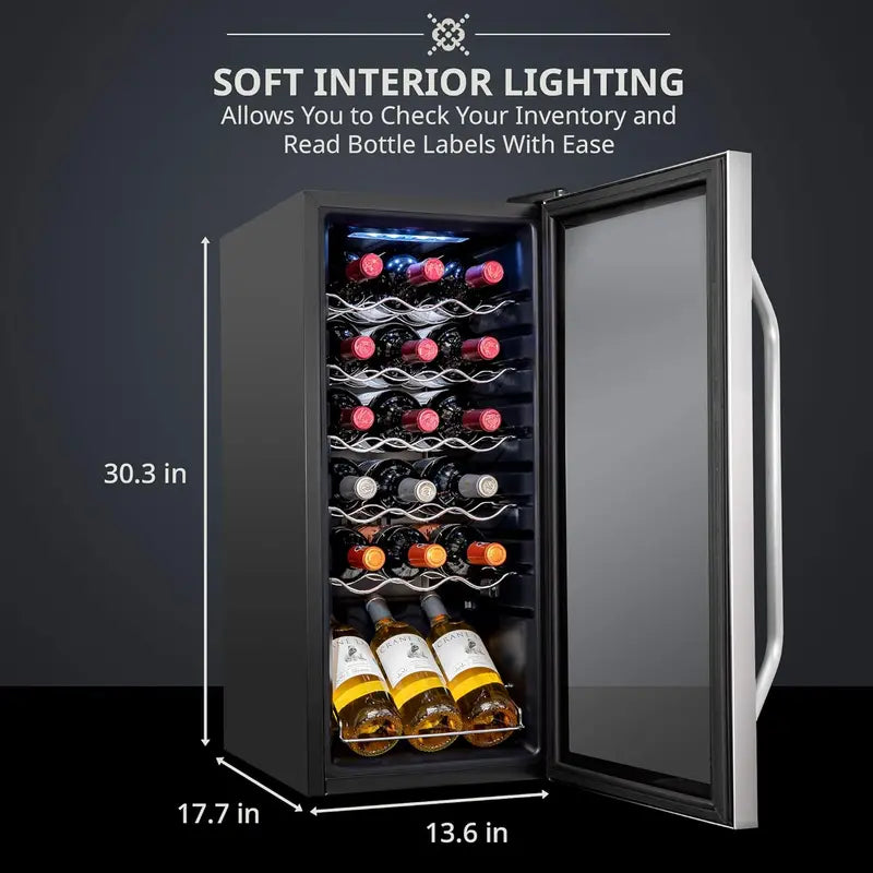 18-Bottle Freestanding Wine Cooler with Lockable Glass Door — Adjustable Digital Thermostat (41°F64°F) for Red, White, and Sparkling Wines