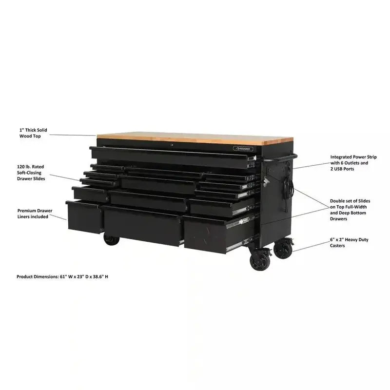 Heavy-Duty 61-Inch Mobile Workbench  15-Drawer Design with Solid Wood Top