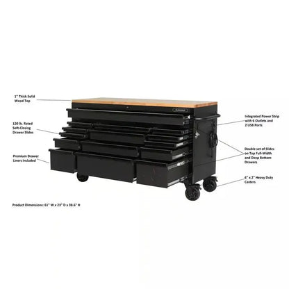 Heavy-Duty 61-Inch Mobile Workbench  15-Drawer Design with Solid Wood Top