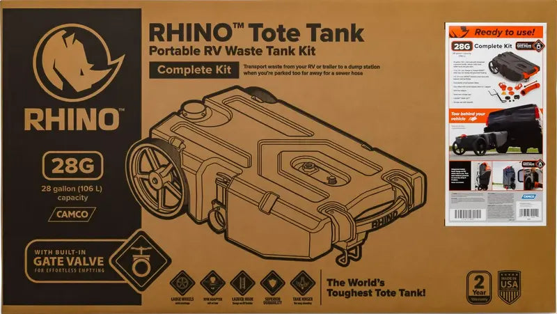 Camco Rhino 28-Gallon Portable RV Waste Holding Tank with Hose Kit and Leak-Proof Design