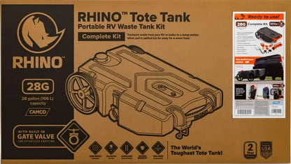 Camco Rhino 28-Gallon Portable RV Waste Holding Tank with Hose Kit and Leak-Proof Design
