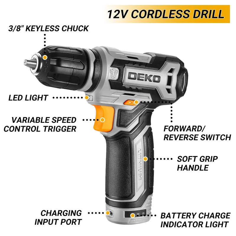 DEKOPRO 12V Cordless Drill & Tool Kit  Comprehensive Home Mechanic Toolbox Set