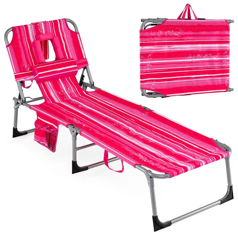 Adjustable Beach Lounge Chair  Folding Sun Lounger with 4-Position Reclining Backrest