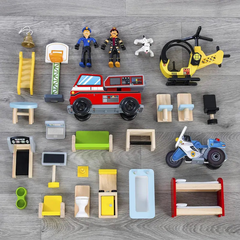 Modular Wooden Playset  3-Tier Structure with 26 Accessories, Compact Foldable Storage