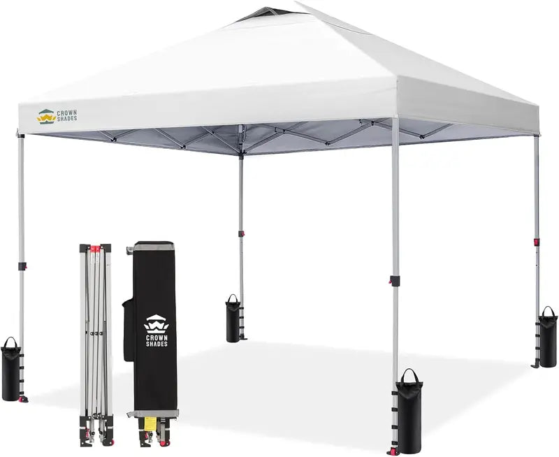 CROWN SHADES 10′ x 10′ Beach Canopy Tent: One-Push Deployment, Silver-Coated UV-Reflective Top, Three-Height Adjustment, and Sandbag Stability System