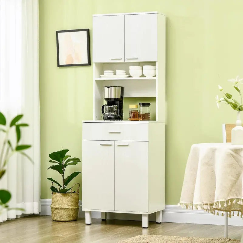 71-Inch White Freestanding Pantry Cabinet — Buffet with Hutch, Drawer, Microwave Stand & Integrated Storage