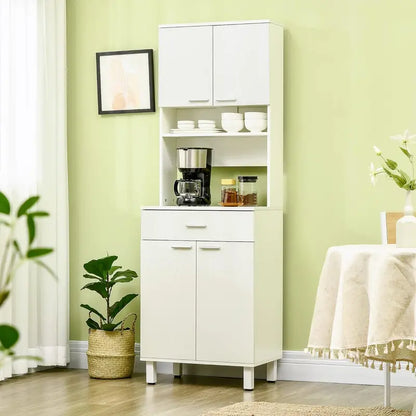 71-Inch White Freestanding Pantry Cabinet — Buffet with Hutch, Drawer, Microwave Stand & Integrated Storage