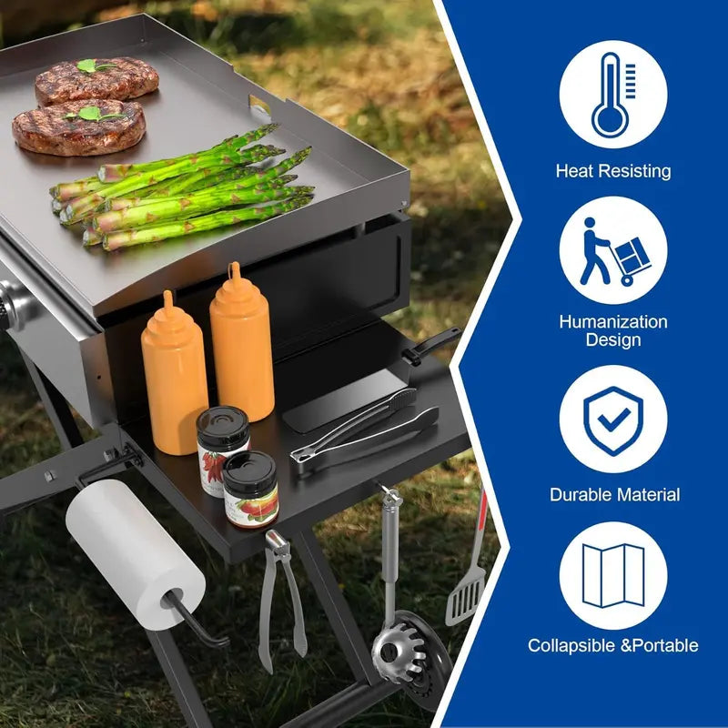 Folding Blackstone Griddle Stand  Portable 22″/17″ Grill Table with Wheels, Side Shelf & Compact BBQ Accessory System