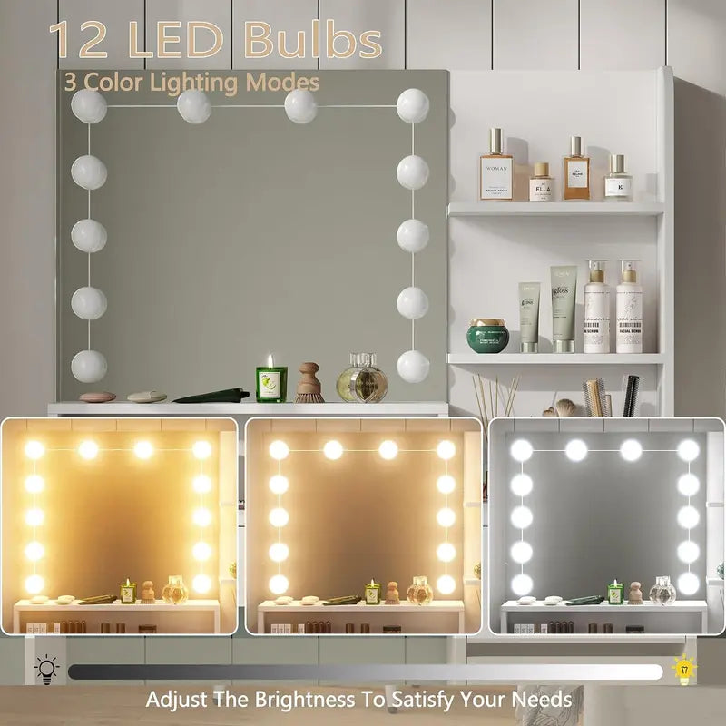 Furniouse Lighted Vanity Mirror Set with 5-Drawer Storage Table  Modern Makeup Station