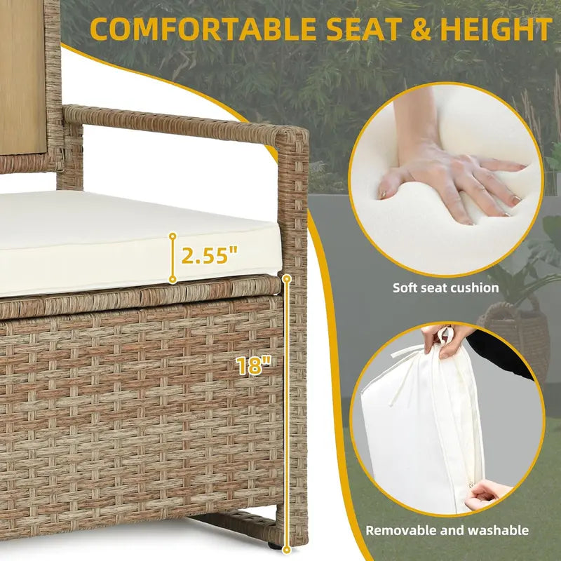 DWVO 70-Gallon All-Weather Storage Bench  Sand Beige Wicker Deck Bench with Cushion and Composite Wood Backrest