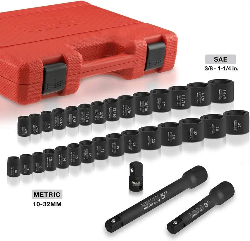 02448A 1/2-Inch Drive Impact Socket Set  65-Piece Master Kit Covering SAE (3/8″1-1/4″) and Metric (1024 mm), Includes Deep/Shallow Sockets, Adapters & Ratchet