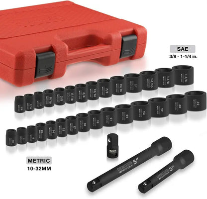 02448A 1/2-Inch Drive Impact Socket Set  65-Piece Master Kit Covering SAE (3/8″1-1/4″) and Metric (1024 mm), Includes Deep/Shallow Sockets, Adapters & Ratchet