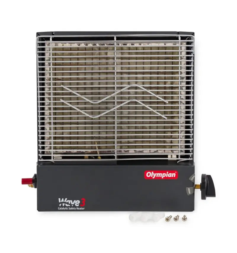 Camco Olympian Wave 3 Catalytic Heater, Self-Generating Piezo Starter, 1,600-3,000 BTUs, Heats 100 Sq Ft, Multicolor, Model 57331