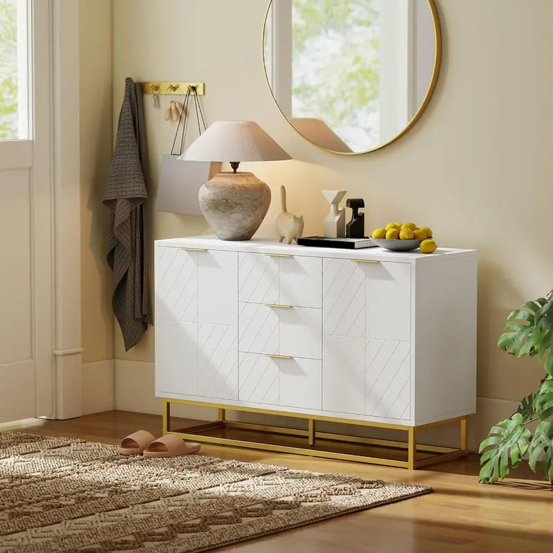 Contemporary White Sideboard Buffet Cabinet with Metal Legs, Adjustable Shelving & Elevated Base Design