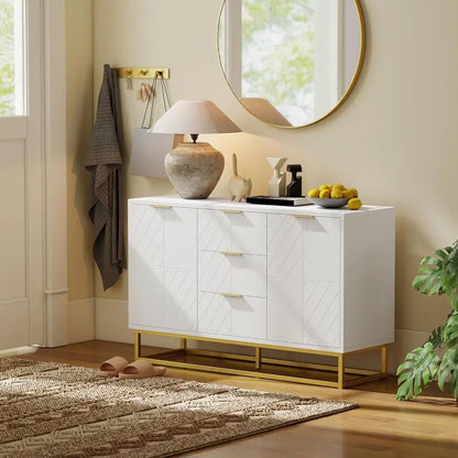 Contemporary White Sideboard Buffet Cabinet with Metal Legs, Adjustable Shelving & Elevated Base Design