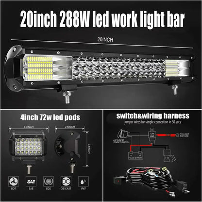 20-Inch Triple-Row LED Light Bar + 4x 72W LED Pods  Waterproof Spot/Flood Combo for Off-Road Vehicles & Equipment
