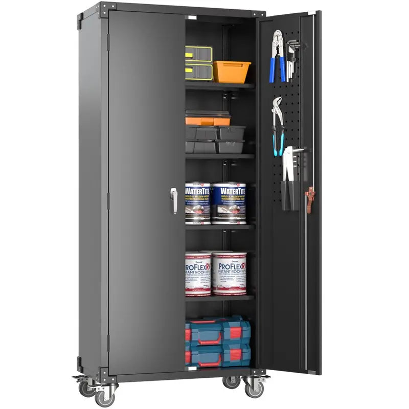 GangMei 72 in Metal Garage Storage Cabinet with Wheels and Pegboard, Black Tall Rolling Tool Cabinet with 4 Adjustable Shelves